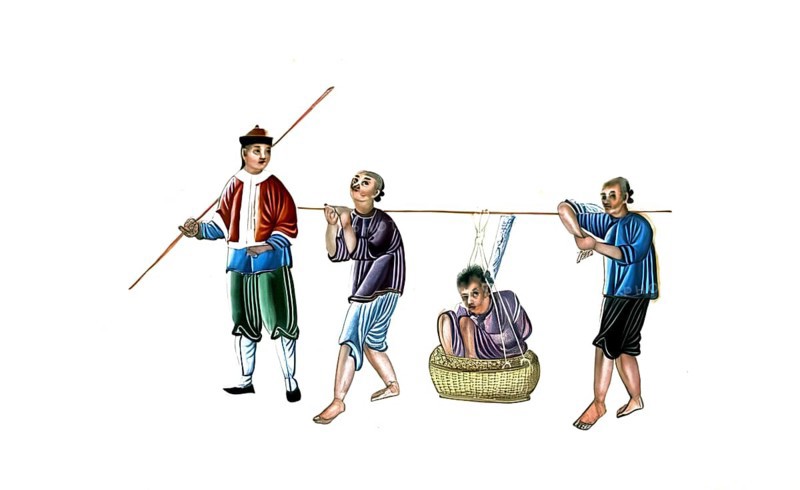 Jurisprudence, torture and punishment in medieval China, two guards carry a criminal who is tied in a basket, authentic, digitally restored reproduction from an 18th century model, exact date of depiction unknown, historical