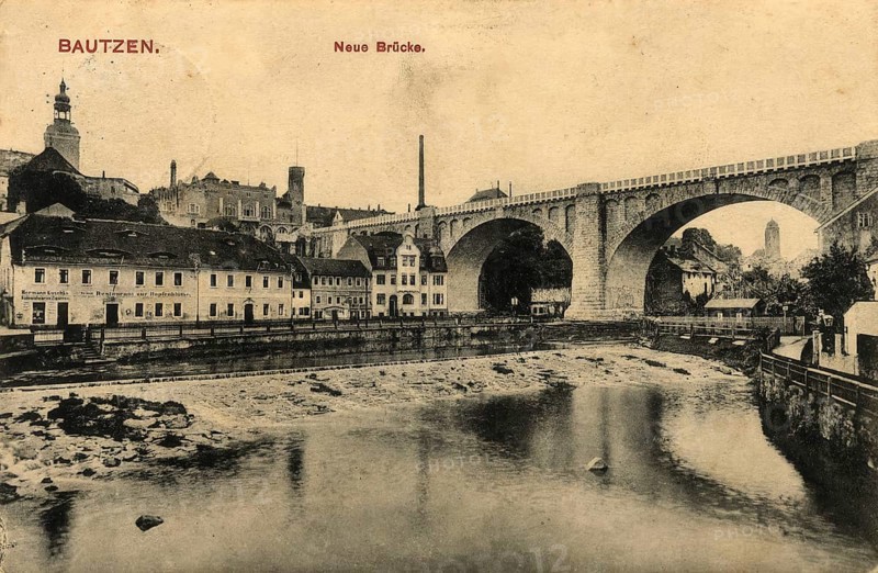 Historical postcard around 1900, Bautzen, Neue Brücke, Saxony, Germany, digital reproduction of a historical postcard, public domain, from that time, exact date unknown