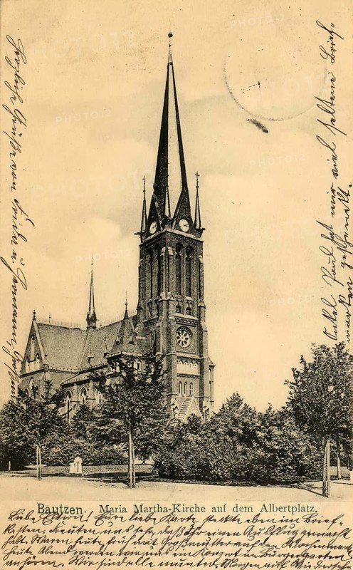 Historical postcard around 1900, Bautzen, Maria Martha church on Albertplatz, Saxony, Germany, digital reproduction of a historic postcard, public domain, from that time, exact date unknown