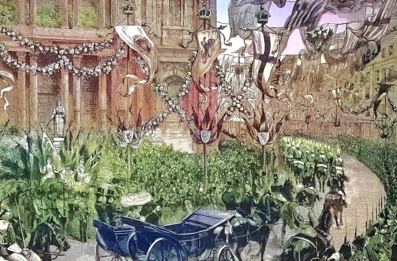 Historical illustration of the wedding of Maria von Teck, Victoria Mary Augusta Louise Olga Pauline Claudine Agnes, 1867 - 1953 with George V, George Frederick Ernest Albert, 1865 - 1936. Wedding procession in front of St. Paul church/Historical illustration of the wedding of Mary of Teck, 1867 - 1953 with George V, 1865 - 1936. wedding procession infront of the church St. Paul, historical, digitally restored reproduction of an original Original from the 19th century, exact original date unknown, colored later