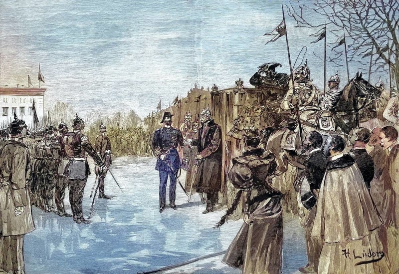 Historical illustration of Bismarck's visit to Berlin, Germany. Here is his arrival in the pleasure garden, together with the Heinrich Prize. Otto von Bismarck, 1815 - 1898, Prussian statesman and first Federal Chancellor of Germany/Historical illustration of the visit of Bismarck in Berlin, Germany. Here his arriving at the Lustgarten, together with Price Heinrich. Otto von Bismarck, Prussian statesman and first Chancellor of Germany, historical, digitally restored reproduction of an original model from the 19th century, exact original date not known, subsequently colored