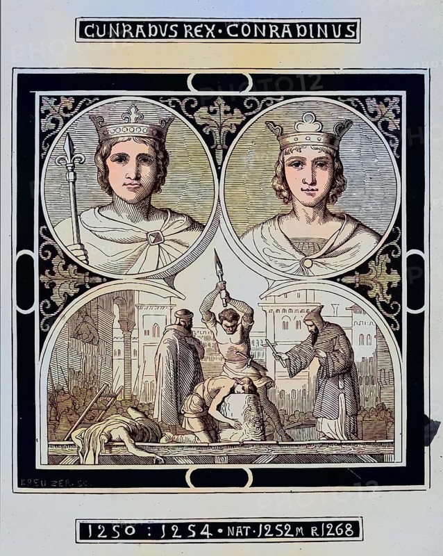 Conrad IV, Conrad (born 25 April 1228, died 21 May 1254o) came from the Hohenstaufen dynasty. He was Duke of Swabia (1235-1254), King of the Holy Roman Empire (1237-1254), King of Sicily (1250-1254) and King of Jerusalem (1228-1254) / Conrad IV, Conrad (born April 25, 1228, died May 21, 1254o) was descended from the family of the Hohenstaufen. He was Duke of Swabia (1235-1254), King of the Holy Roman Empire (1237-1254), King of Sicily (1250-1254) and King of Jerusalem (1228-1254), Historical, digitally restored reproduction of an original from the 19th century, exact original date unknown, subsequently coloured