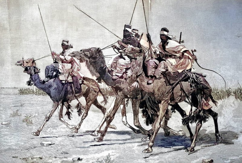 A camel ride of the Tuareg people in Libya, advance guard, the leading part of an advancing military formation/a camel ride of the Tuareg people in Libya, vanguard, advance guard, the leading part of an advancing military formation, historical, digitally restored reproduction of an original original from the 19th century, exact original date unknown, subsequently colored