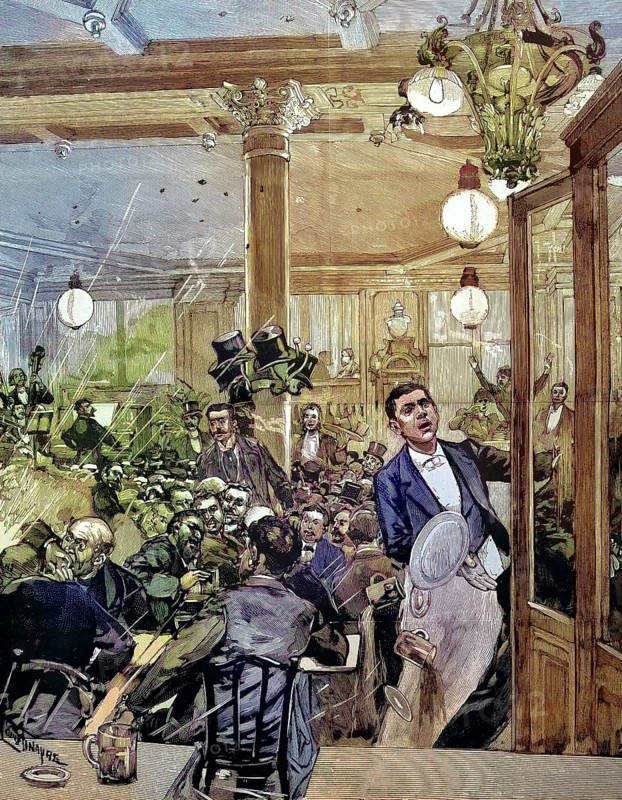 The assassination attempt at Cafe Terminus, a popular café in the late 19th century near Gare Saint-Lazare in Paris, France. It is known as the target of a bomb attack by French anarchist Emile Henry on February 12, 1894/the Attentat at Cafe Terminus, a popular cafe in the late 19th century near the Gare Saint-Lazare, located in Paris, France. It is infamously known as the target of a bomb attack by French anarchist Emile Henry on February 12, 1894, historical, digitally restored reproduction of an original model from the 19th century, exact original date not known, subsequently colored