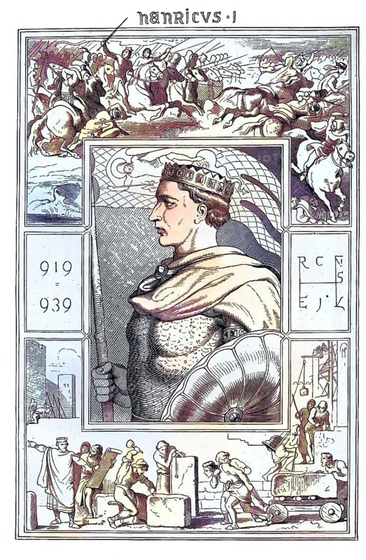 Henry I (born c. 876, died July 2, 936), also known as Henry the Vogler or Henry the Finkler, from the noble family of the Liudolfing was Duke of Saxony from 912 and King of the East Frankish Empire from 919 to 936 / Henry I (born c. 876, died July 2, 936), also known as Henry the Vogler or Henry the Finkler, from the noble family of the Liudolfing was Duke of Saxony from 912 and King of the East Frankish Empire from 919 to 936, Historic, digitally restored reproduction of an original from the 19th century, exact original date unknown, subsequently coloured