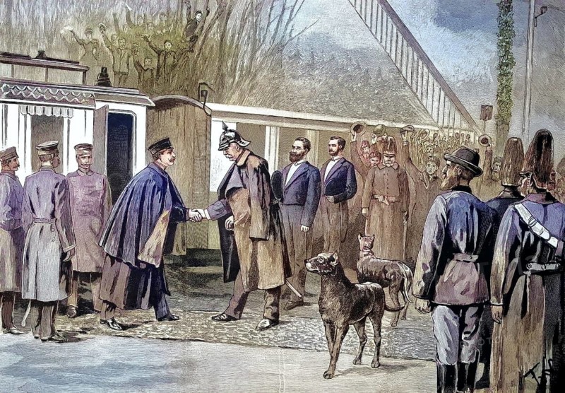 Kaiser Wilhelm II's visit to Friedrichsruh, Germany. Handshake between the Kaiser and Bismarck. Otto von Bismarck, 1815 - 1898, Prussian statesman and first chancellor of Germany. Wilhelm II or Wilhelm II, Friedrich Wilhelm Victor Albert of Prussia, /the visit of Emporer Wilhelm II at Friedrichsruh, Germany. Handshake between the Emporer and Bismarck. Otto von Bismarck, Prussian Statesman and First Chancellor of Germany. Wilhelm II or William II, Frederick William Victor Albert of Prussia, historical, digitally restored reproduction of an original model from the 19th century, exact original date not known, subsequently colored