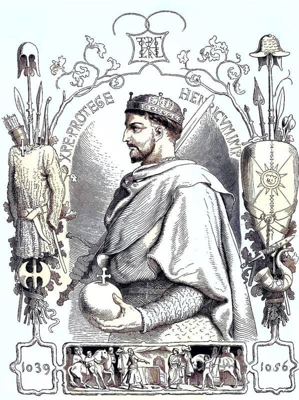Heinrich III. (geboren 28. Oktober 1017, gestorben 5. Oktober 1056) aus der Familie der Salier war von 1039 bis zu seinem Tod 1056 König und seit 1046 Kaiser im römisch-deutschen Reich / Henry III (born October 28, 1017, died October 5, 1056) of the Salian family was king from 1039 until his death in 1056 and emperor in the Roman-German Empire from 1046, Historic, digitally restored reproduction of an original from the 19th century, exact original date unknown, subsequently coloured