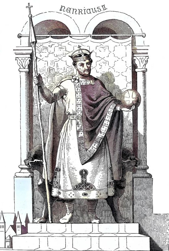Henry II, (born 6 May 973 or 978, died 13 July 1024), saint (since 1146), from the Ottonian dynasty, was Henry IV. Duke of Bavaria from 995 to 1004 and again from 1009 to 1017, King of the East Franconian Empire from 1002 to 1024, King of Italy from 1004 to 1024 and Roman-German Emperor from 1014 to 1024 / Henry II, (born May 6, 973, or 978, died July 13, 1024), saint (since 1146), of the noble family of the Ottonians was, as Henry IV, duke of Bavaria from 995 to 1004 and again from 1009 to 1017, king of the East Frankish Empire from 1002 to 1024, king of Italy from 1004 to 1024, and Roman emperor from 1014 to 1024, Historical, digitally restored reproduction of an original from the 19th century, exact original date unknown. century, exact original date unknown, subsequently coloured