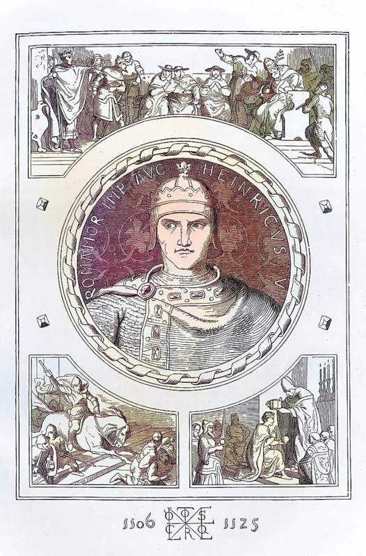 Henry V (born 1081 or 1086, died 23. May 1125 in Utrecht) from the Salian family was co-king with his father, Emperor Henry IV, from 1098 / Henry V (born 1081 or 1086, died May 23, 1125 in Utrecht) from the Salian family was co-king with his father, Emperor Henry IV, from 1098, Roman-German king from 1106 and Roman-German emperor from 1111 to 1125, from 1106 Roman-German king and from 1111 to 1125 Roman-German emperor, Historical, digitally restored reproduction of an original from the 19th century, exact original date unknown. century, exact original date unknown, subsequently coloured