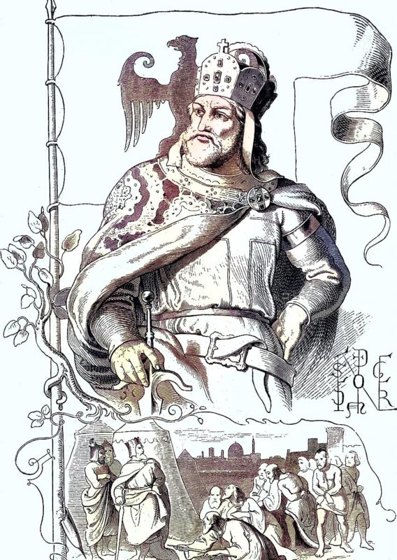Frederick I, called Barbarossa (born c. 1122, died 10 June 1190), from the Staufer dynasty, was Duke of Swabia from 1147 to 1152 as Frederick III. Duke of Swabia, Roman-German King from 1152 to 1190 and Emperor of the Roman-German Empire from 1155 to 1190 / Frederick I, called Barbarossa (born c. 1122, died June 10, 1190), of the noble family of the Hohenstaufen, was Duke of Swabia from 1147 to 1152 as Frederick III. Duke of Swabia, Roman-German king from 1152 to 1190, and emperor of the Roman-German Empire from 1155 to 1190, Historical, digitally restored reproduction of an original from the 19th century, exact original date unknown, subsequently coloured