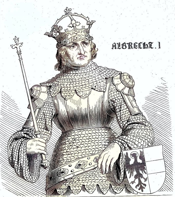Albrecht, V. Graf von Habsburg (geboren Juli 1255, gestorben 1. Mai 1308), war ab 1282 Herzog Albrecht I. von Österreich und der Steiermark sowie ab 1298 römisch-deutscher König / Albrecht, V. Count of Habsburg (born July 1255, died May 1, 1308), was Duke Albrecht I of Austria and Styria from 1282 and Roman-German king from 1298, Historic, digitally restored reproduction of an original from the 19th century, exact original date unknown, subsequently coloured