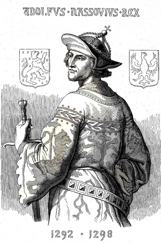Adolf von Nassau (geboren vor 1250, gestorben 2. Juli 1298) aus dem Adelsgeschlecht der Nassauer (Walramische Linie) war von 1292 bis 1298 römisch-deutscher König / Adolf of Nassau (born in front of 1250, died July 2, 1298) from the noble family of Nassau (Walram line) was Roman-German king from 1292 to 1298, Historic, digitally restored reproduction of an original from the 19th century, exact original date unknown, subsequently coloured