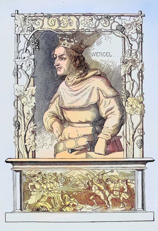 Wenceslaus of Luxembourg, nicknamed the Lazy (born 26 February 1361, died 16 August 1419), was King of Bohemia from his coronation as a child in 1363 until his death in 1419 as Wenceslaus IV. König von Bohmen und von 1376 bis zu seiner Absetzung 1400 römisch-deutscher König / Wenceslaus of Luxembourg, nicknamed the Lazy (born February 26, 1361, died August 16, 1419), was king of Bohemia from his coronation in infancy in 1363 until his death in 1419 as Wenceslaus IV, and Roman-German king from 1376 until his deposition in 1400, Historic, digitally restored reproduction of an original from the 19th century, exact original date unknown, subsequently coloured