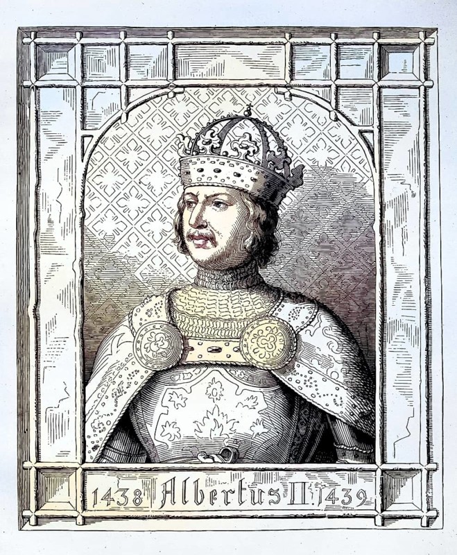 Albrecht II von Habsburg (born 16 August 1397, died 27 October 1439) was from 1404, when Albrecht V, Duke of Austria and from 1438 Roman-German King and King of Hungary, Croatia and Bohemia / Albrecht II of Habsburg (born August 16, 1397, died October 27, 1439) was from 1404, when Albrecht V, Duke of Austria and from 1438 Roman-German King and King of Hungary, Croatia and Bohemia, Historical, digitally restored reproduction of an original from the 19th century. Exact original date not known, subsequently coloured