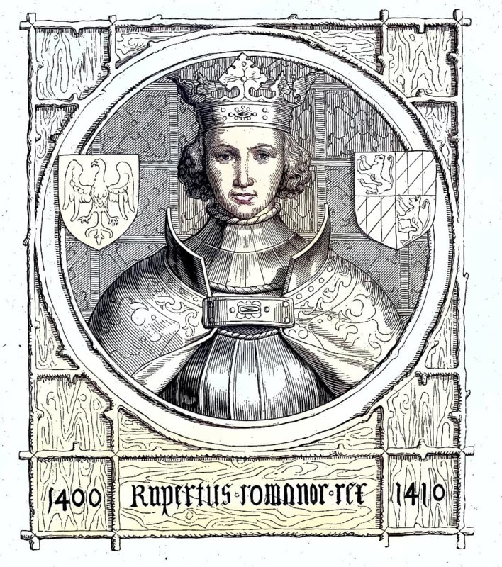 Ruprecht III (born 5 May 1352, died 18 May 1410) of the Wittelsbach dynasty was Roman-German king from 1400 to 1410 and, as Ruprecht III. von der Pfalz von 1398 bis 1410 Pfalzgraf und Kurfürst der Pfalz / Ruprecht III (born May 5, 1352, died May 18, 1410) of the Wittelsbach dynasty was Roman-German king from 1400 to 1410 and, as Ruprecht III of the Palatinate, Count Palatine and Elector Palatine from 1398 to 1410, Historical, digitally restored reproduction of an original from the 19th century, exact original date unknown, subsequently coloured