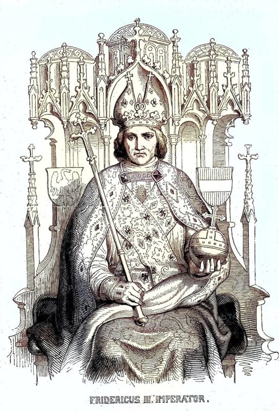 Frederick III (born 21 September 1415, died 19 August 1493) of the House of Habsburg was Duke of Styria, Carinthia and Carniola as Frederick V from 1424, Duke of Austria from 1439, Roman-German King as Frederick III from 1440 and Holy Roman Emperor from 1452. from 1440 Roman-German King and from 1452 Holy Roman Emperor / Frederick III (born September 21, 1415, died August 19, 1493) of the House of Habsburg was Duke of Styria, Carinthia and Carniola as Frederick V from 1424, Duke of Austria from 1439, Roman-German King as Frederick III from 1440 and Holy Roman Emperor from 1452, Historical, digitally restored reproduction of an original from the 19th century, exact original date unknown, subsequently coloured
