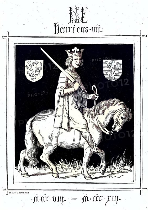 Henry VII (born 1278/79, died 24 August, 1313) was descended from the House of Limburg-Luxembourg and was Count of Luxembourg and Laroche as well as Margrave of Arlon. He was Roman-German king from 1308 to 1313 and Roman-German emperor from 29 June 1312 / Henry VII (born 1278/79, died August 24, 1313) was descended from the House of Limburg-Luxembourg and was Count of Luxembourg and Laroche and Margrave of Arlon. He was Roman-German king from 1308 to 1313 and Roman-German emperor since June 29, 1312, Historical, digitally restored reproduction of an original from the 19th century, exact original date unknown, subsequently coloured