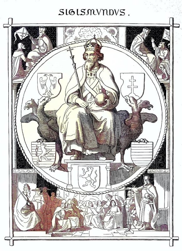 Sigismund of Luxembourg (born 15 February 1368, died 9 December 1437), also known as Siegmund, came from the House of Luxembourg. He was Elector of Brandenburg from 1378 to 1388 and from 1411 to 1415, Roman-German King from 1411, King of Bohemia from 1419 and Roman-German Emperor from 1433 until his death / Sigismund of Luxembourg (born February 15, 1368, died December 9, 1437), also Siegmund, came from the House of Luxembourg. He was Elector of Brandenburg from 1378 to 1388 and from 1411 to 1415, Roman-German King since 1411, King of Bohemia since 1419, and Roman-German Emperor from 1433 until his death, Historical, digitally restored reproduction of an original from the 19th century, exact original date unknown, subsequently coloured