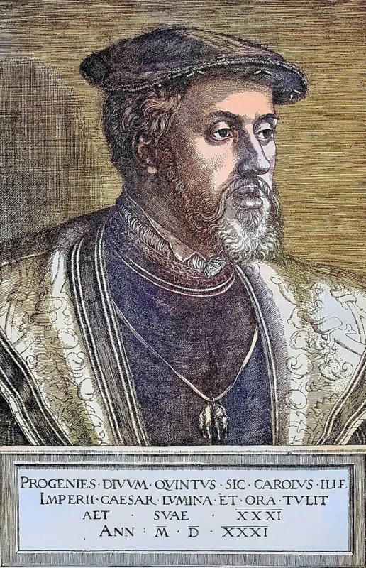 Charles V (born 24 February 1500, died 21 September 1558) from the House of Habsburg was King Charles I of Spain (Spanish Carlos I) from 1516. He was elected Roman-German king in 1519, after his coronation in 1520 he called himself Holy Roman Emperor, Historisch, digital restaurierte Reproduktion einer Originalvorlage aus dem 19. century, genaues Originaldatum nicht bekannt, nachträglich farbiert