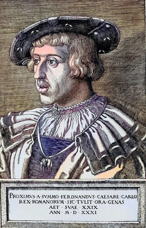 Ferdinand I. (geboren 10. März 150, gestorben 25. Juli 1564) aus dem Geschlecht der Habsburger war von 1558 bis 1564 Kaiser des Heiligen Römischen Reiches / Ferdinand I (born March 10, 150, died July 25, 1564) of the Habsburg dynasty was Holy Roman Emperor from 1558 to 1564, Historical, digitally restored reproduction of an original from the 19th century, exact original date unknown, subsequently coloured