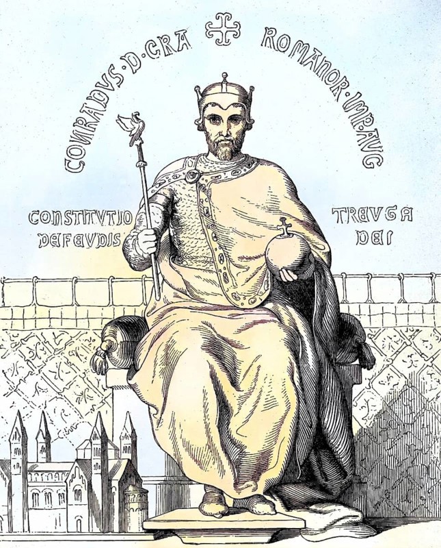 Conrad II (born around 990, died 4 June 1039) was Roman-German Emperor from 1027 to 1039, from 1024 King of the East Franconian Empire, from 1026 King of Italy and from 1033 King of Burgundy, Historical, digitally restored reproduction of an original from the 19th century, exact original date unknown, subsequently coloured