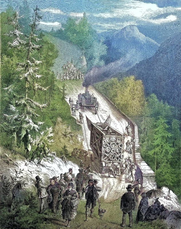 Historical illustration showing the transportation of the parts of a large cross on a mountain pass in the Bavarian Alps near Ettal, Bavaria, Germany. The crucifixion group near Oberammergau was paid by King Ludwig II/Historical illustration showing the transport of the parts of a big cruzifix on a mountain pass in the Bavarian Alps near Ettal, Bavaria, Germany. The Crucifixion Group, Cruzifix Group, near Oberammergau was paid by King Ludwig II, Louis II, historical, digitally restored reproduction of an original model from the 19th century, exact original date not known, subsequently colored