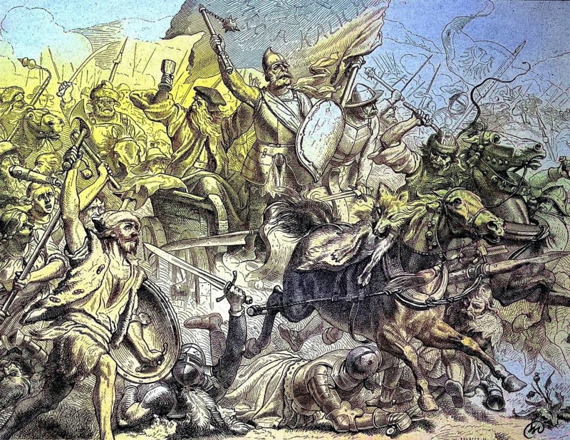 Historical depiction of the Battle of Mount Witkow, Ciskaberg, 1420, Hussite Wars, also known as Bohemian Wars or Hussite Uprising/Historical illustration of the battle at the mountain Witkow, Hussite Wars, also called the Bohemian Wars or the Hussite Revolution, historical, digitally restored reproduction of an original model from the 19th century, exact original date not known, subsequently colored