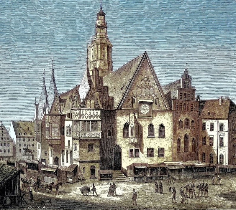 Historical illustration of the town hall of Wroclaw, Wroclaw, former German city, now Poland, Silesia/Historical illustration of the townhall of Breslau, former German town, now Poland, Silesian, historical, digitally restored reproduction of an original model from the 19th century, exact original date not known, subsequently colored