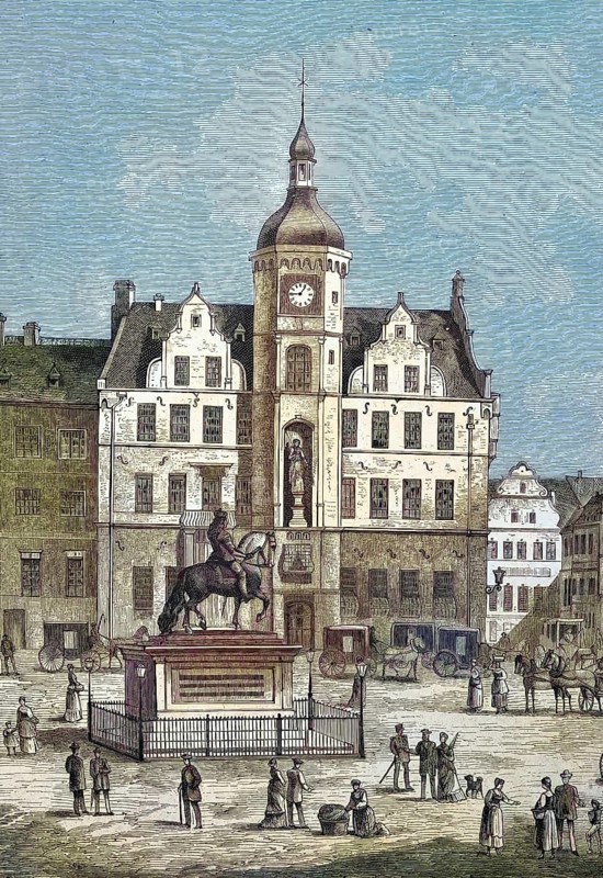 Historical illustration of the old town hall of Düsseldorf, Germany/Historical illustration of the old townhall of Düsseldorf, Düsseldorf, Germany, historical, digitally restored reproduction of an original model from the 19th century, exact original date unknown, subsequently colored