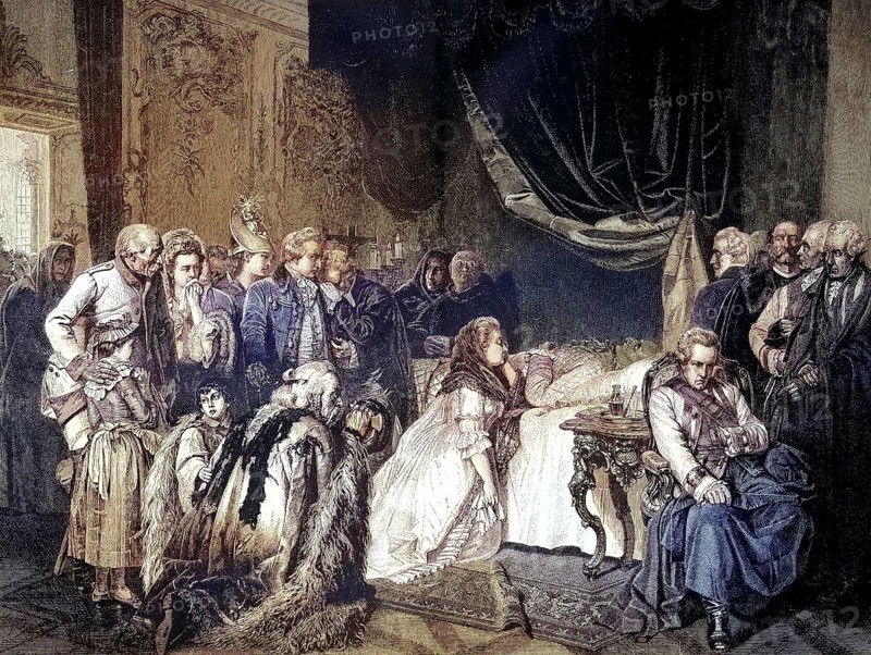 Historical illustration showing the last day of Emperor Joseph II, 1741 - 1790, in front of his death, Austria/Historical illustration showing the last day of Emperor Joseph II, in front of his death, Austria, historically, digitally restored reproduction of an original model from the 19th century, exact original date unknown, color later