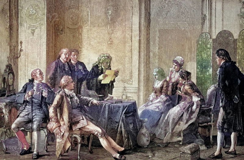 Historical illustration of an opening of a will by a notary 1880/Historical illustration showing a oublication of a will and testament at the office of a notary 1880, historical, digitally restored reproduction of an original model from the 19th century, exact original date not known, subsequently colored