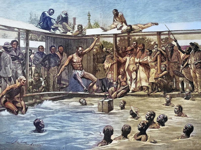 Historical illustration of a game in the water, made by natives, Kimberley, South Africa/Historical illustration of a game in the water, done by natives, South Africa, historical, digitally restored reproduction of an original original from the 19th century, exact original date not known, subsequently colored