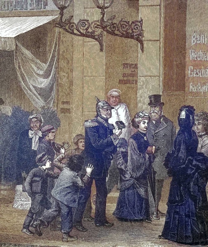Historical illustration of people standing in front of a bank in Berlin, Germany. Children, woman and a sergeant are waiting for the opening/Historical illustration of people standing infront of a bank in Berlin, Germany. Children, woman and a constable waiting for the opening, historically, digitally restored reproduction of an original model from the 19th century, exact original date unknown, subsequently colored