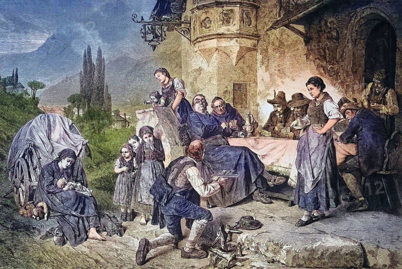 Historical illustration of a traveling merchant with crosses, crucifixes, Lord God dealer offering the crucifixes to the people sitting in front of an inn, Bavaria, Germany/Historical illustration of a mobile trader with crosses, cruzifixes, Lord God dealer, offering the cruzifixes to the people sitting infront of an inn, Bavaria, Germany, historical, digitally restored reproduction of an original original from the 19th century, exact original Date not known, colored later
