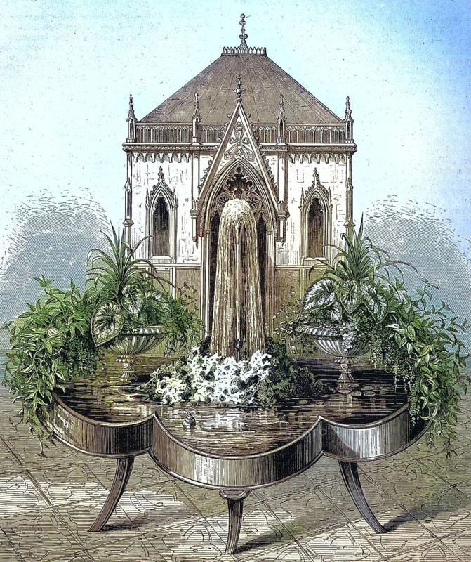 A fountain for the interior of a room, historical illustration/A fountain to be used inside of a room, historical illustration, digitally restored reproduction of an original model from the 19th century, exact original date unknown, subsequently colored