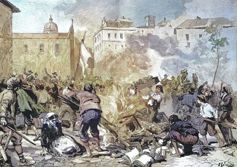 Historical illustration of the uprising in Sicily 1893. Destruction of the tax office in Monreale, Italy/Historical illustration of the Rebellion in Sicily 1893. Destruction of the tax office in Monreale, Italy, historically, digitally restored reproduction of an original model from the 19th century, exact original date unknown, subsequently colored
