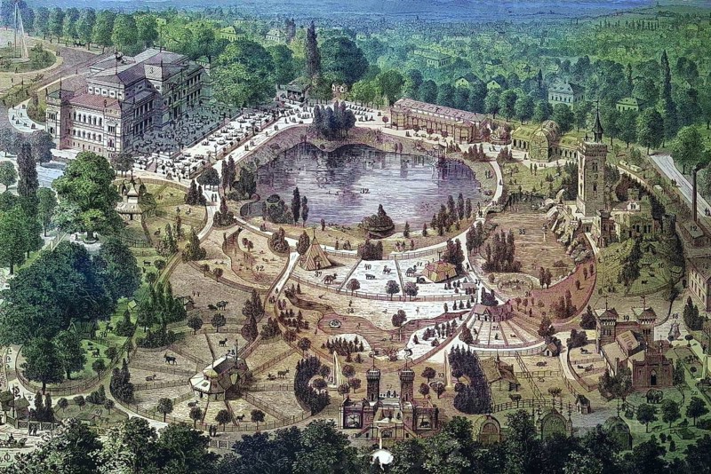 Historical illustration of Frankfurt Zoological Garden, Frankfurt Zoo, Germany/Historical illustration of Frankfurt Zoological Garden, the zoo of Frankfurt, Germany, historical, digitally restored reproduction of an original model from the 19th century, exact original date not known, colored later
