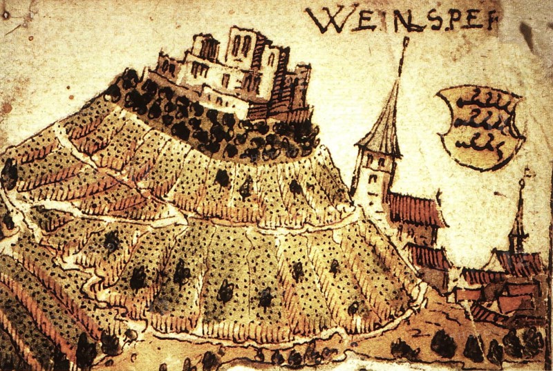 Weinsberg is a town in the district of Heilbronn, Baden-Württemberg, Germany. An early view of the castle and town. Excerpt from a map from 1578/Weinsberg is a town in Heilbronn County, Germany. Detail from a map from 1578, historical, digitally restored reproduction of an original model from the 19th century, exact original date unknown, subsequently colored