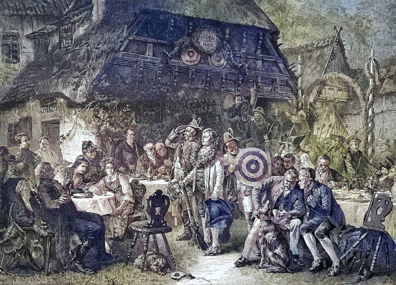 Schützen and the shooting king at a shooting festival in Hanover, Germany/Marksmen and the king of the shooting festival at a shooting festival in Hanover, Germany, historical, digitally restored reproduction of an original original from the 19th century, exact original date not known, subsequently colored