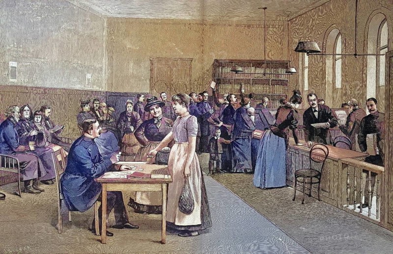 Historical illustration of a situation in Sparkasse Berlin, Germany, people and bank employees/Historical illustration of a situation in the saving bank of Berlin, people and bank employees, historical, digitally restored reproduction of an original original from the 19th century, exact original date not known, subsequently colored