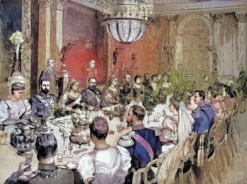 Marriage of Princess Victoria Melita of Saxe-Coburg and Gotha, 1876 - 1936, and Ernst Ludwig Karl Albrecht Wilhelm of Hesse and near Rhine, 1868 - 1937. The wedding feast in Palais Ehrenburg/Wedding of Princess Victoria Melita of Saxe-Coburg and Gotha, 1876 - 1936, and Ernst Ludwig Karl Albrecht Wilhelm of Hesse and near Rhine, 1868 - 1937. The wedding feast in Palais Ehrenburg, historical, digitally restored reproduction of an original model from the 19th century, exact original date unknown, subsequently colored