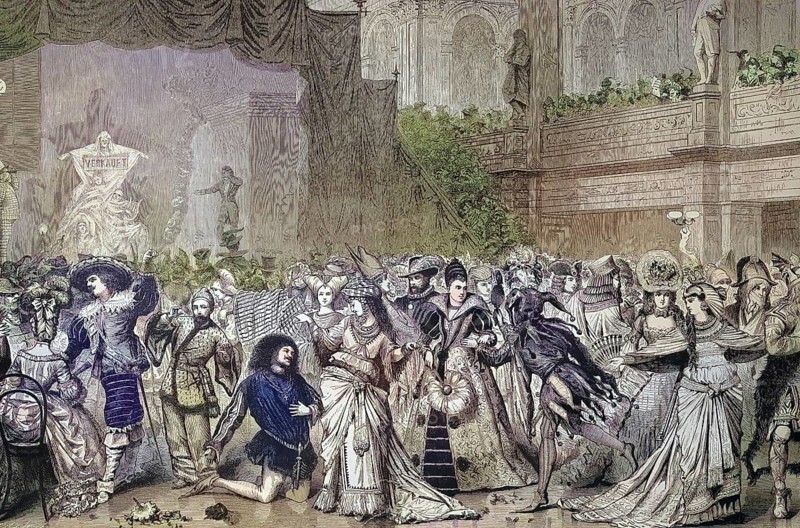 Historical illustration of the costume party or carnival party of the artists in Berlin, Germany/Historical illustration of the costume party or fancy dress party of the artists in Berlin, Germany, historical, digitally restored reproduction of an original model from the 19th century, exact original date not known, subsequently colored