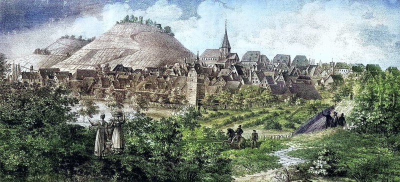 Weinsberg is a town in the district of Heilbronn, Baden-Württemberg, Germany. View at the beginning of the 19th century/Weinsberg is a town in Heilbronn County, Germany. View at the beginning of the 19th century, historical, digitally restored reproduction of an original model from the 19th century, exact original date not known, colored later