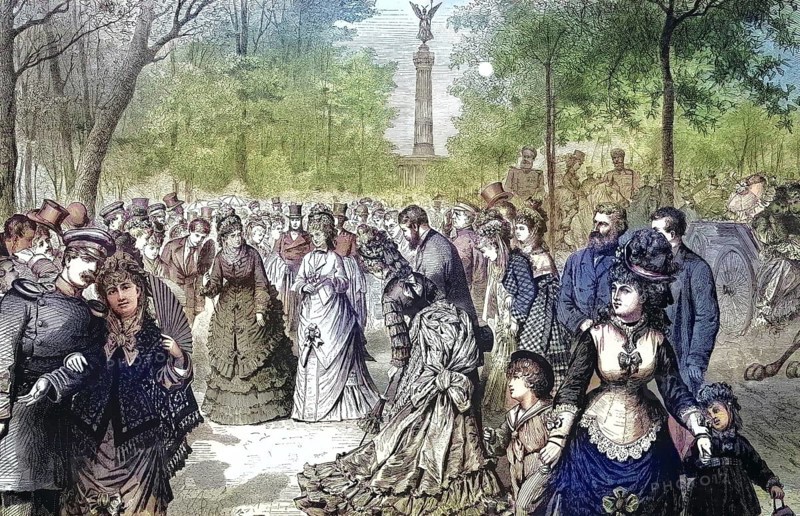Historical illustration of an autumn afternoon in the Thiergarten in Berlin, Germany, people in the park on a sunny Sunday afternoon/Historical illustration of an autumn afternoon in the Thiergarten of Berlin, People in the Park on a Sunny Sunday afternoon, historical, digitally restored reproduction of an original original from the 19th century, exact original date unknown, subsequently colored