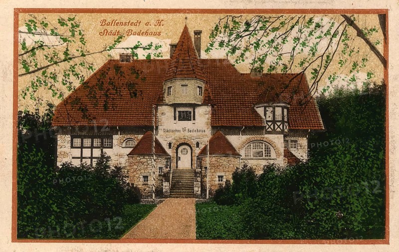 Historical postcard around 1900, Ballenstedt im Harz, bathhouse, Harz district in Saxony-Anhalt, Germany, digital reproduction of a historic postcard, public domain, from that time, exact date unknown