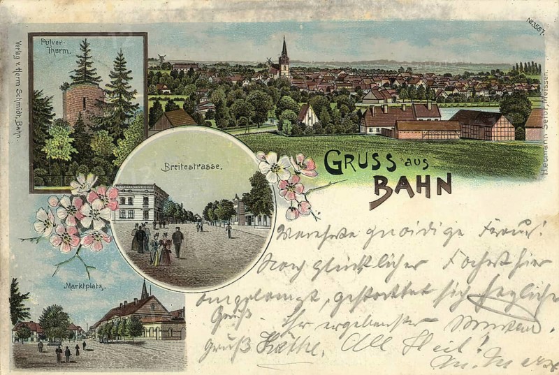 Historical picture postcard from around 1910, greeting from Bahn, today Banie, a village (former town) in the Polish voivodeship of West Pomerania, Poland, digital reproduction of a historical postcard, public domain, from that time, exact date unknown