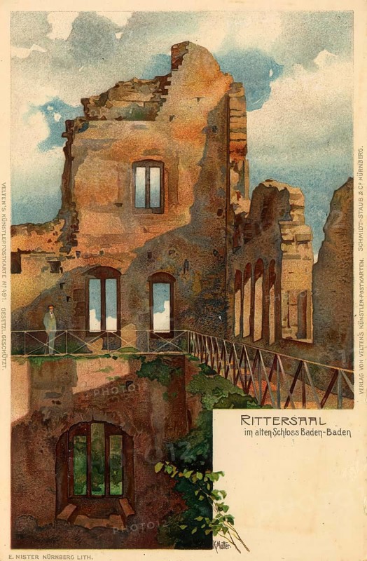 Historical postcard around 1910, Baden-Baden, castle, spa town in the Black Forest, Baden-Württemberg, Germany, digital reproduction of a historic postcard, public domain, from that time, exact date unknown