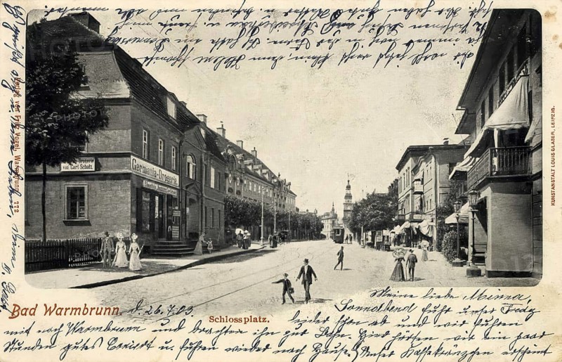 Historical postcard around 1910, Bad Warmbrunn in the Krkonoše Mountains, Castle Square, today Cieplice Slaskie-Zdroj, district of the town of Jelenia Gora in the Lower Silesian Voivodeship in Poland, digital reproduction of a historical postcard, public domain, from that time, exact date unknown