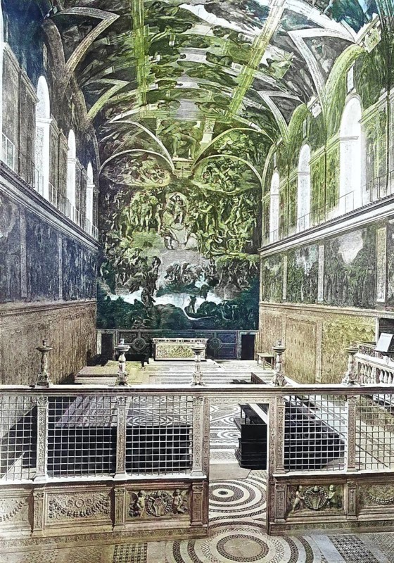 Historisches Foto (ca 1880) der Sixtinischen Kapelle, Rom, Vatikan, Italien / Historical photo of the Sistine Chapel, Rome, Vatican, Italy, Historical, digitally restored reproduction of an original from the 19th century, exact original date unknown, subsequently coloured