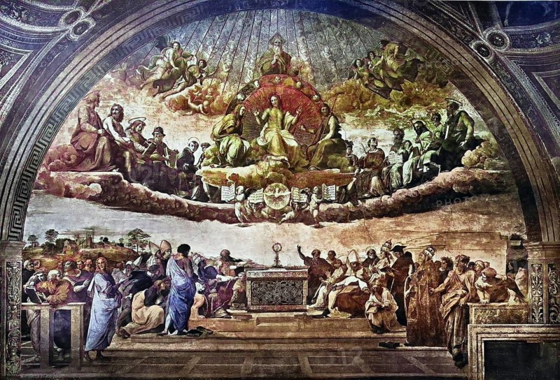 Historical image of the dispute, by Raphael, Vatican City State or Vatican City State, Stato della CitTó del Vaticano/Historical image of The dispute, by Raphael, Vatican City State or the State of Vatican City, Stato della CitTó del Vaticano, historical, digitally restored reproduction of an original original from the 19th century, exact original date not known, subsequently colored